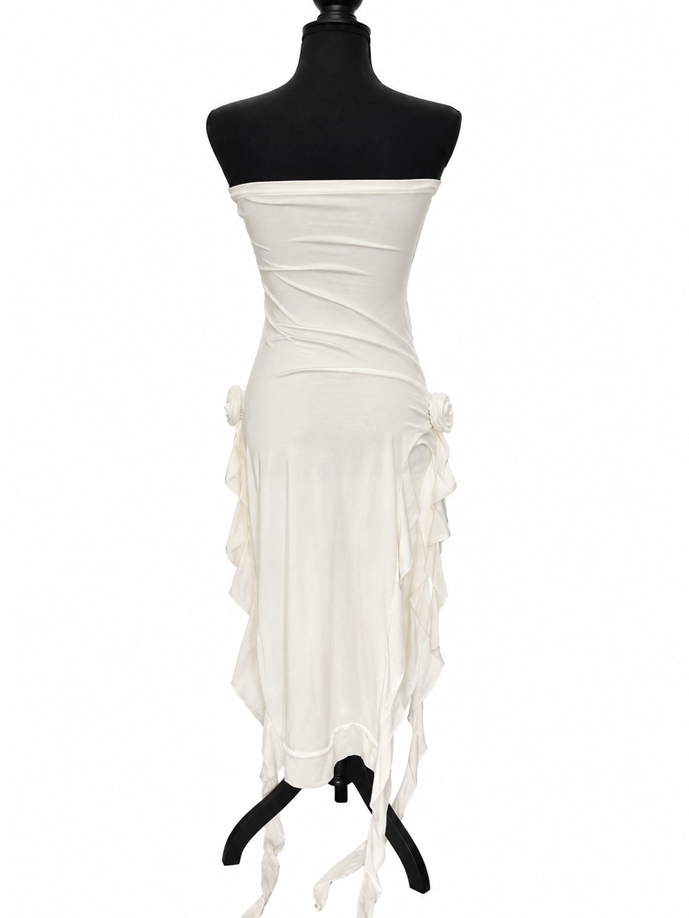 WHITE STRAPLESS WATERFALL DRESS WITH ROSE DETAIL - Picture 2 of 2
